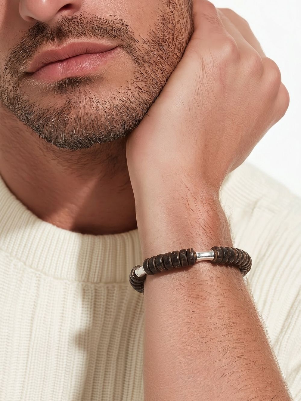 Coconut Shell Beaded Bracelet Men’s Brown Stretch Bracelet Silver Bar Accents